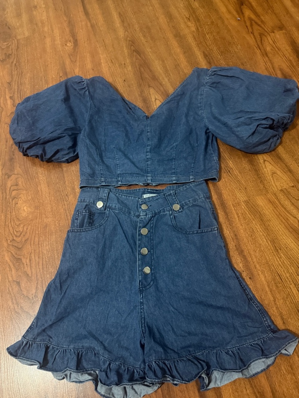 Denim Two-Piece Puff Sleeve Crop Top & Ruffle Hem Shorts - Navy
